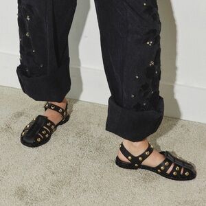 NWOT Freda Salvador Sera Fisherman Sandal in Black Calf Leather w/ Gold Accents